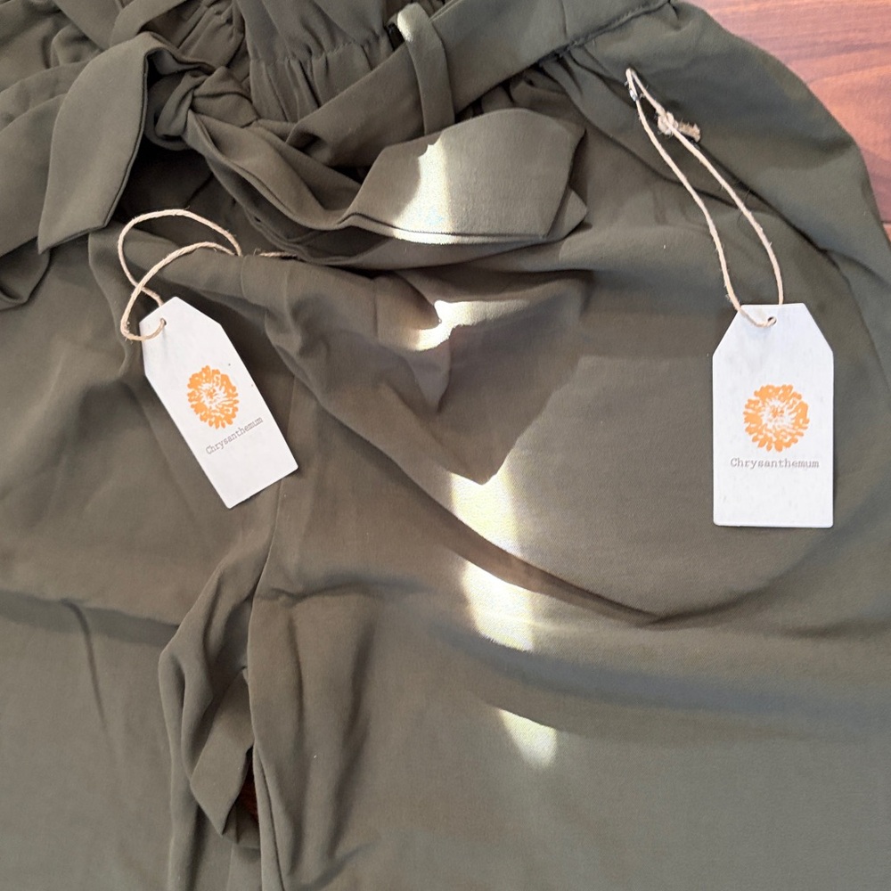 Chrysanthemum Olive Green High Waisted Paperbag Bow Trendy Cropped Trousers Sz S - Picture 3 of 5